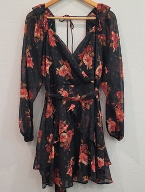 Trixxi Black Floral Long Sleeve Wrap Dress with Coral and Peach Blooms